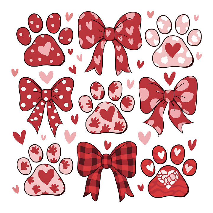 a set of red and white hearts and bows, cat paw print, dog paw print