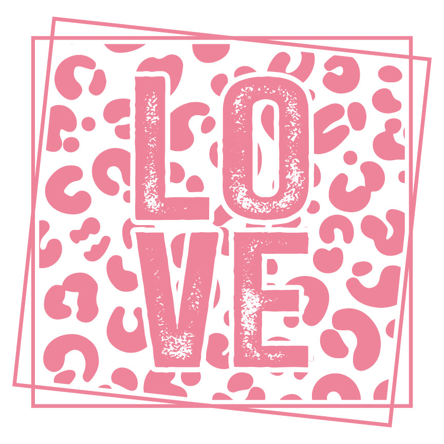 a pink and white leopard print with the word love